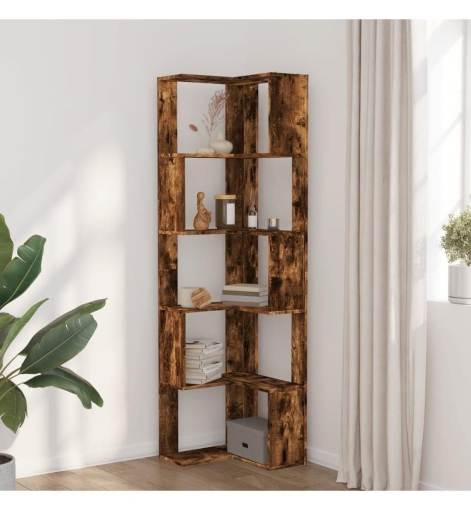 Bibliothèque d'angle à 5 niveaux chêne fumé bois d'ingénierie