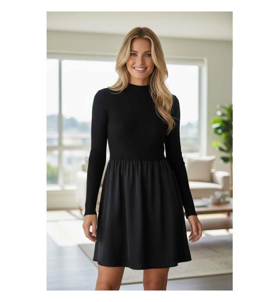 Schwarzes Minikleid mit langen Ärmeln und Rüschenkragen aus Rippstrick - Black