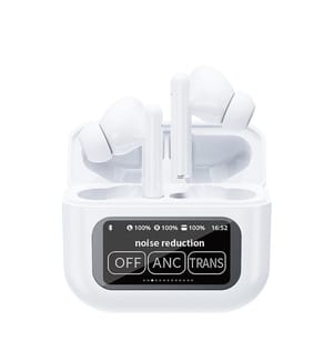 Écouteurs KW-07 TWS. Bluetooth 5.4, réduction active du bruit (ANC), station de charge avec écran LED, jusqu'à 6 heures d'autonomie. 6,1 x 2,6 x 5,1 cm - Blanc