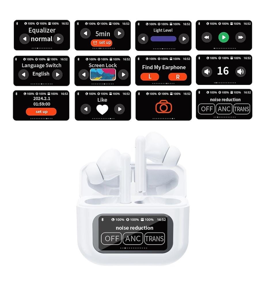 Écouteurs KW-07 TWS. Bluetooth 5.4, réduction active du bruit (ANC), station de charge avec écran LED, jusqu'à 6 heures d'autonomie. 6,1 x 2,6 x 5,1 cm - Blanc