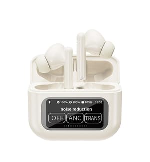 Écouteurs KW-07 TWS. Bluetooth 5.4, réduction active du bruit (ANC), station de charge avec écran LED, jusqu'à 6 heures d'autonomie. 6,1 x 2,6 x 5,1 cm - Beige clair