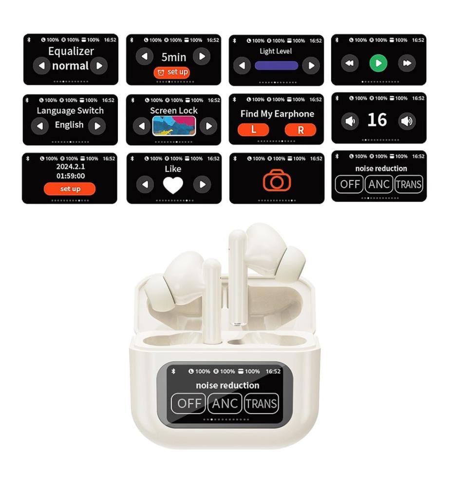 Écouteurs KW-07 TWS. Bluetooth 5.4, réduction active du bruit (ANC), station de charge avec écran LED, jusqu'à 6 heures d'autonomie. 6,1 x 2,6 x 5,1 cm - Beige clair