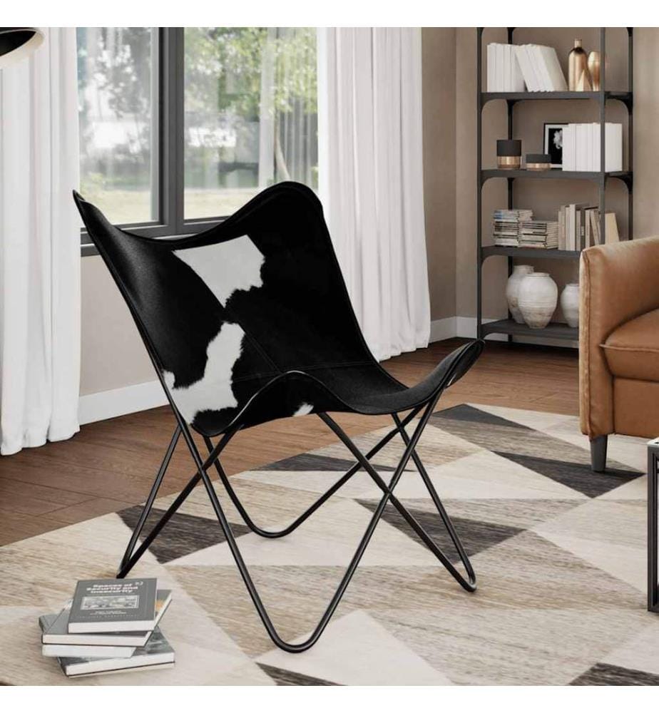 Butterfly-Sessel Schwarz und Weiss Echtes Kuhfell