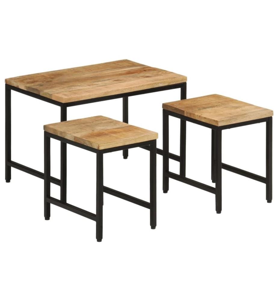 Tables basses gigognes 3pcs bois de manguier massif brut et fer