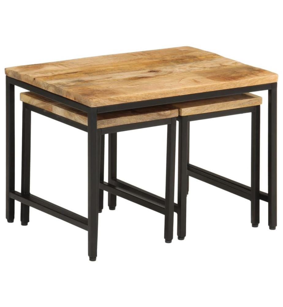 Tables basses gigognes 3pcs bois de manguier massif brut et fer