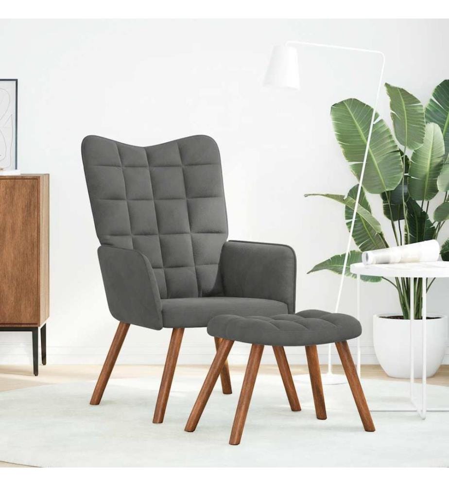 Fauteuil relax avec tabouret en velours gris foncé