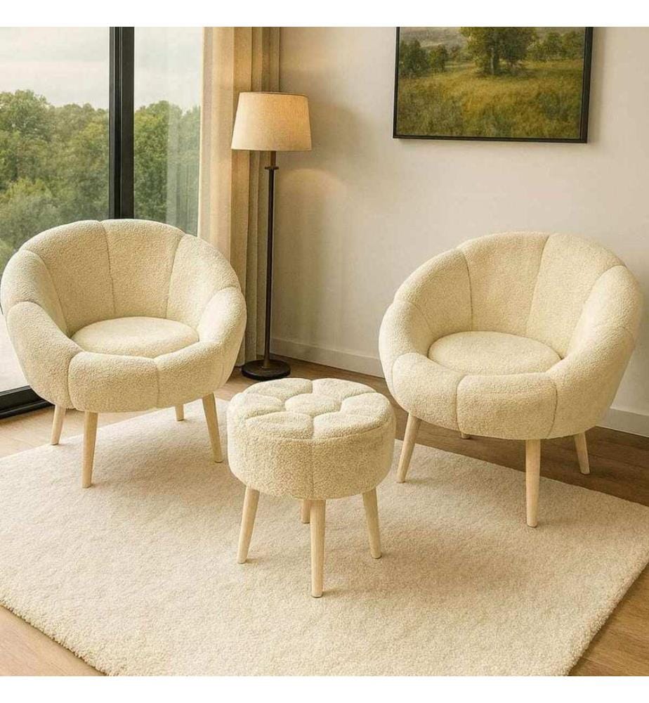 3-teiliges Set aus Stuhl Wing und Hocker Lida - Creme