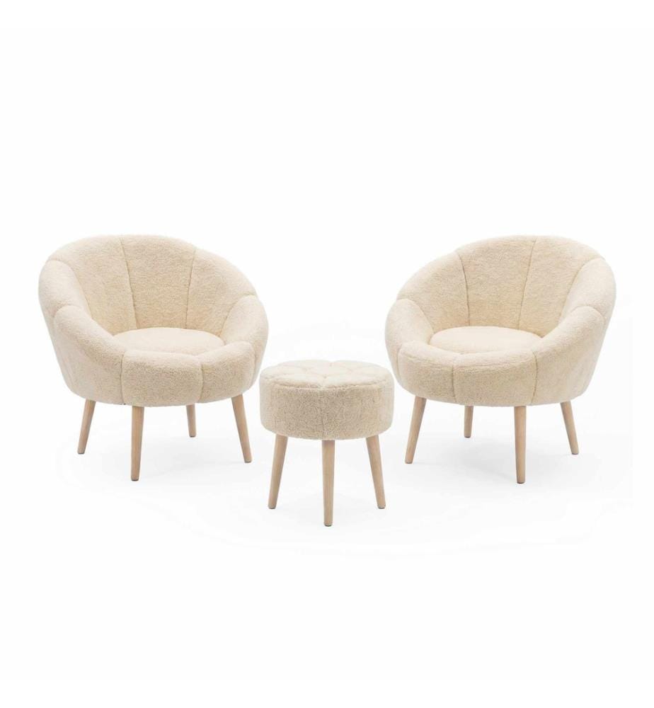 3-teiliges Set aus Stuhl Wing und Hocker Lida - Creme