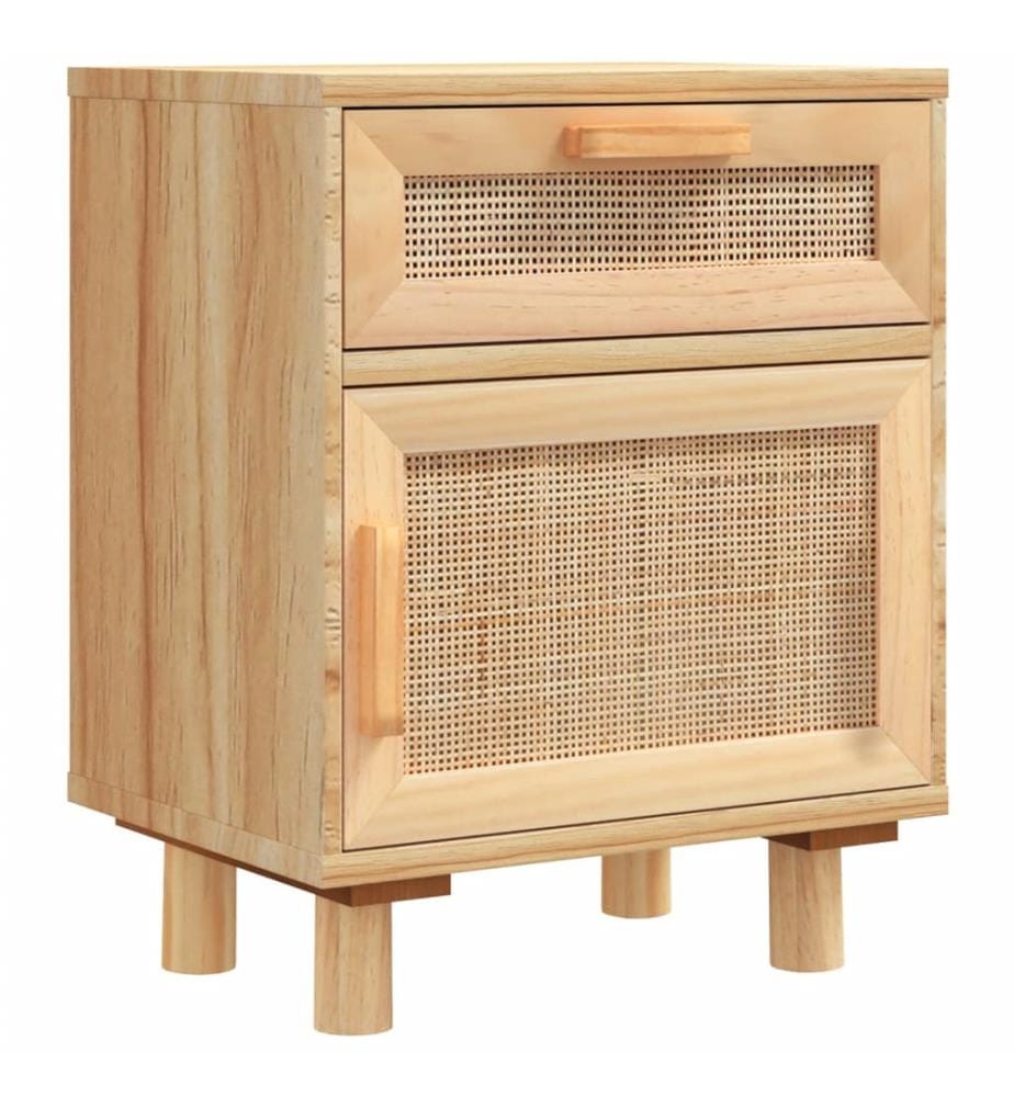 Nachttisch Braun Massivholz Kiefer und Natur-Rattan