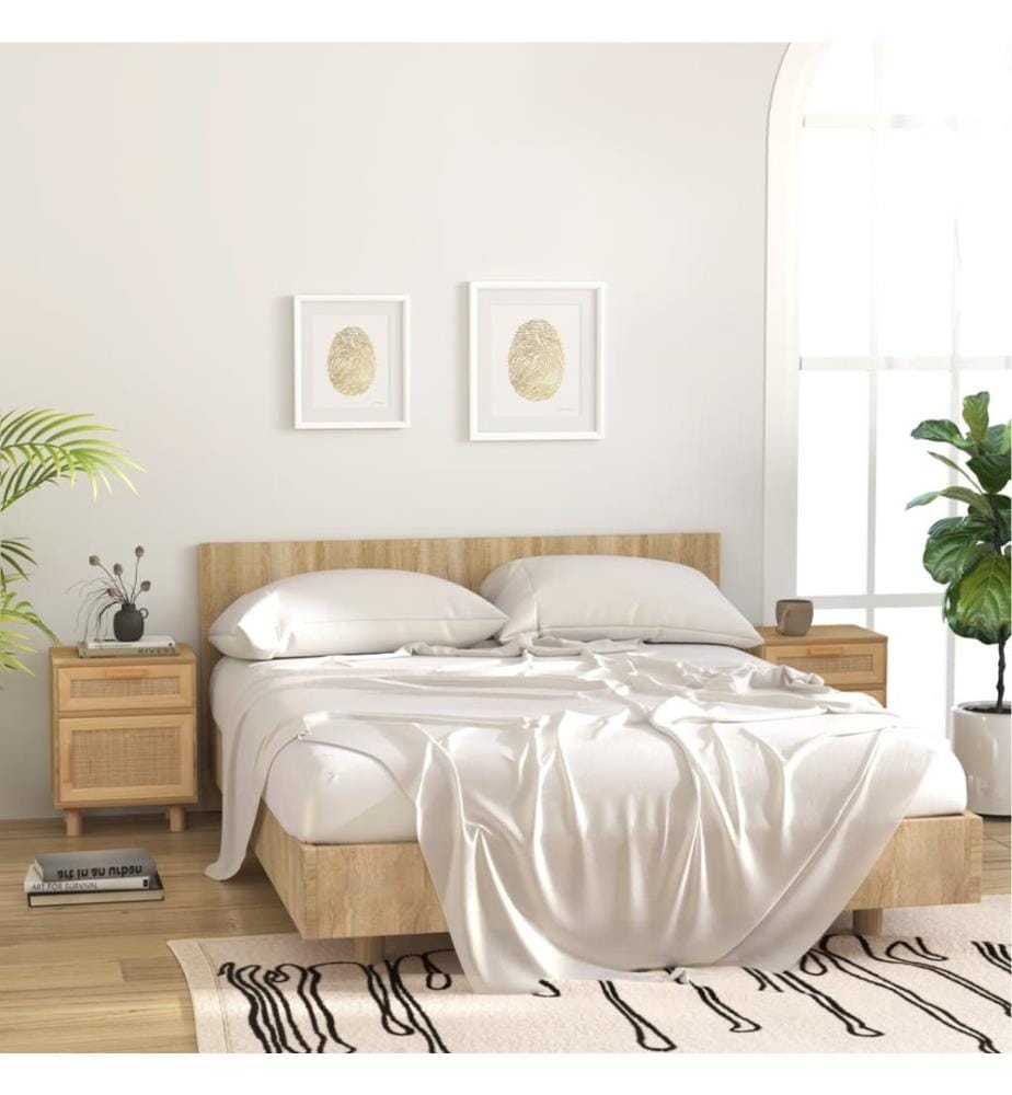 Nachttisch Braun Massivholz Kiefer und Natur-Rattan