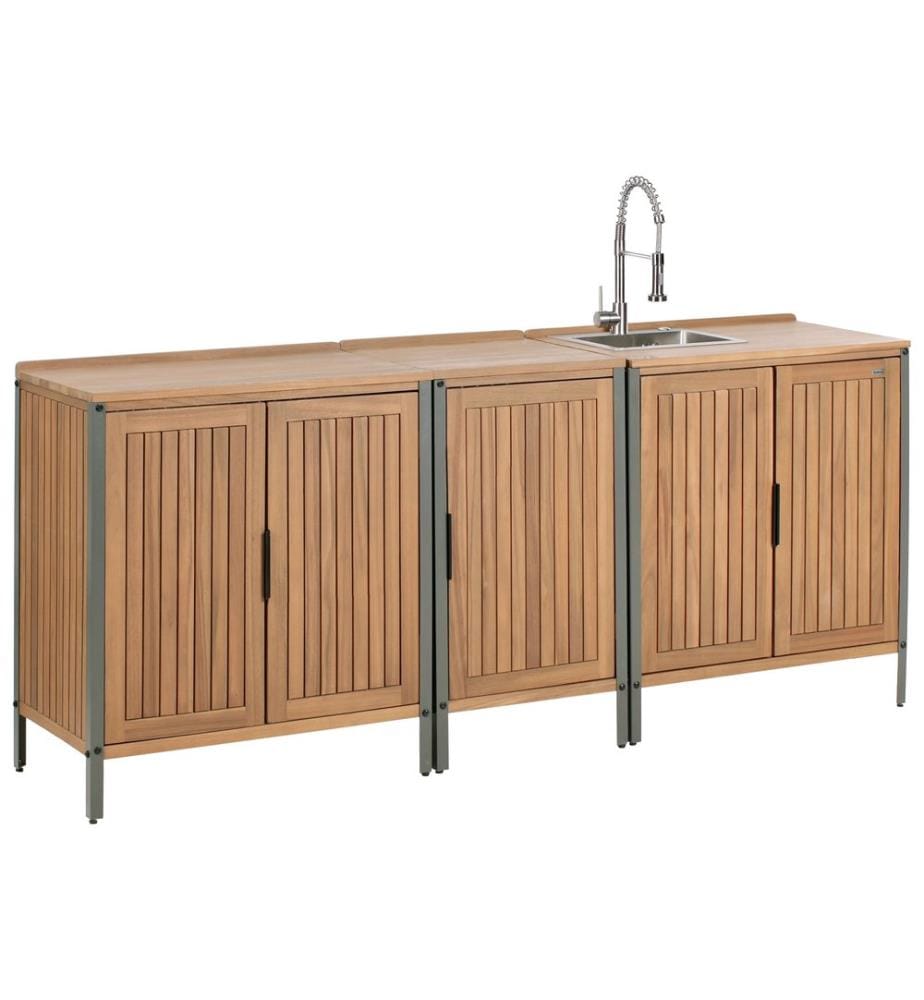Outdoor-Küche 3er Set mit Spüle IVREA zertifiziertes Akazienholz Braun / Silber