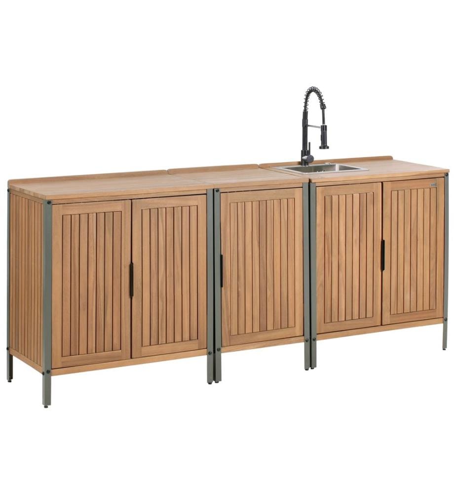 Cuisine d'extérieur 3 pièces avec évier IVREA Bois d'acacia certifié Marron/noir