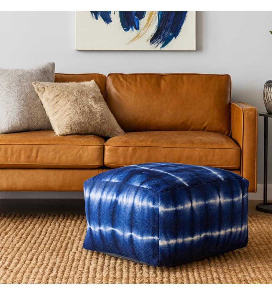 Ronaldo Indigo Baumwolle Pouf 55x55x35 cm - Indigo und Weiss