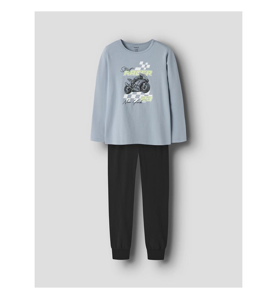 Pyjama-Set - Staubiges Blau mit schwarzer Hose