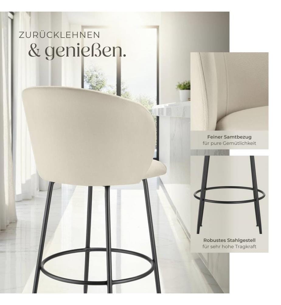 Barstuhl Luana, mit Rückenlehne, Samtoptik - cremeschwarz, 2er Set
