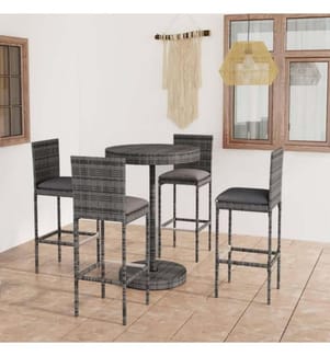 5-tlg. Gartenbar-Set mit Kissen Poly Rattan Grau