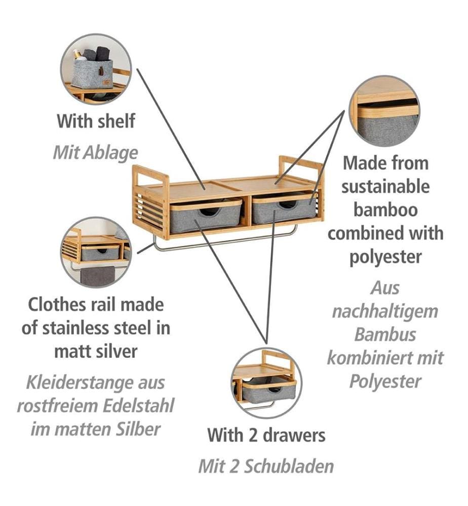 Wandkleiderschrank Bahari, Holzregal mit Kleiderstange und 2 Schubfächern