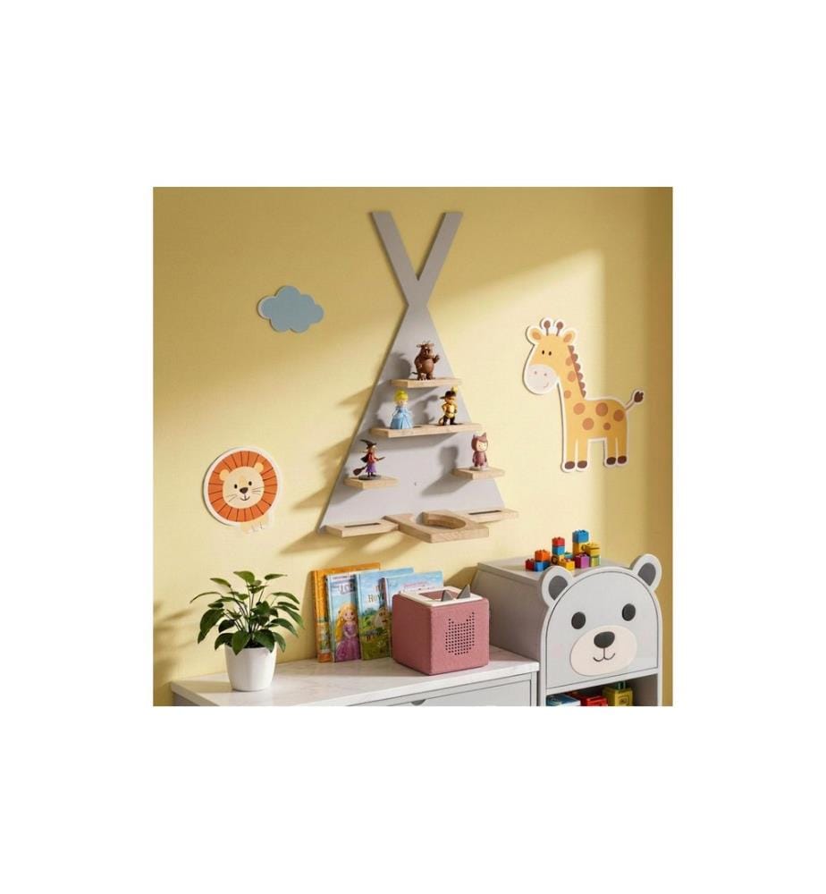 RELAXDAYS - Etagère pour figurines à écouter Tente, MDF / bois, gris / marron clair