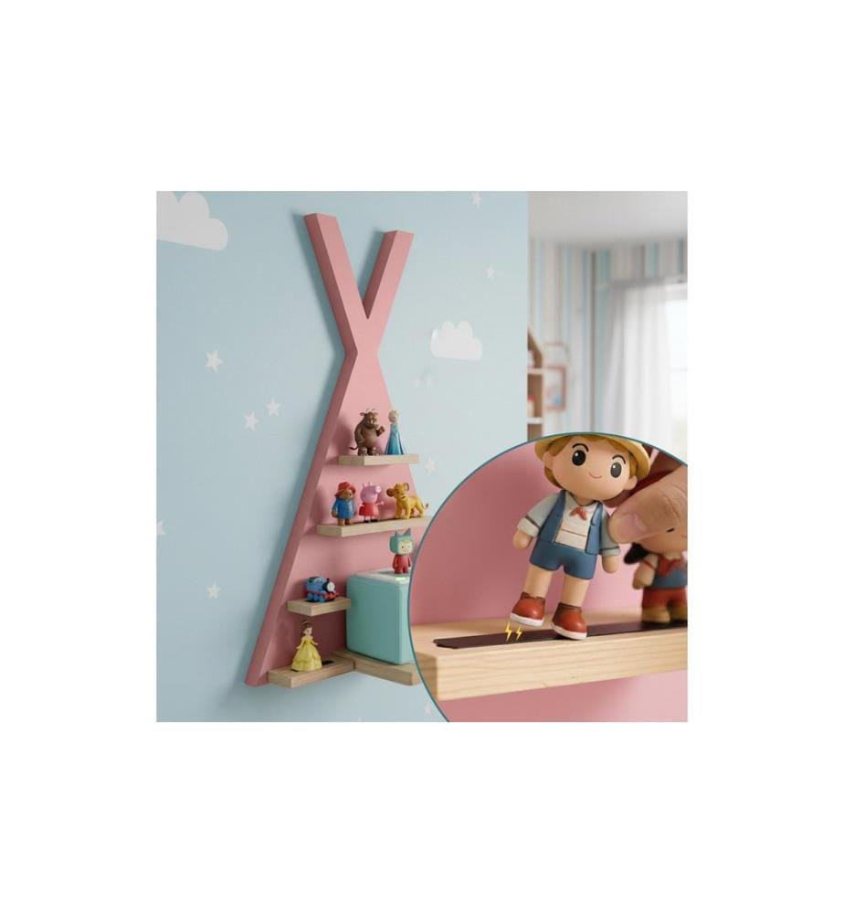 RELAXDAYS - Etagère pour figurines à écouter Tente, MDF / bois, rose / marron clair
