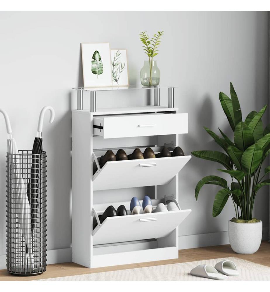 Schuhschrank mit Schubfach und oberem Glasregal Holz Weiss