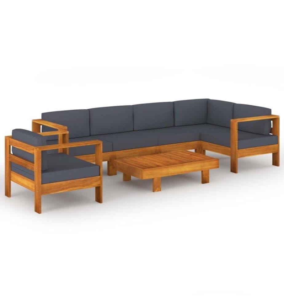 Salon de jardin 7 pcs avec coussins gris foncé Bois d'acacia