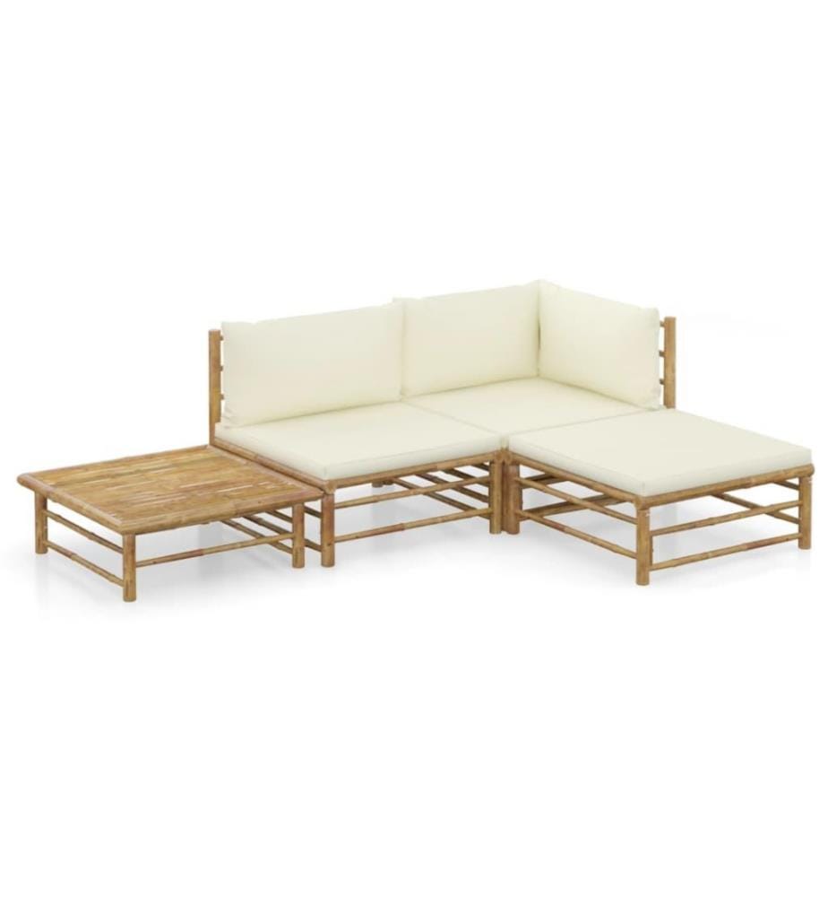 4-tlg. Garten-Lounge-Set mit Cremeweissen Kissen Bambus