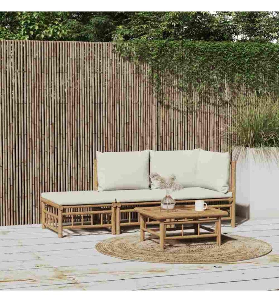 3-tlg. Garten-Lounge-Set mit Kissen Creme Bambus