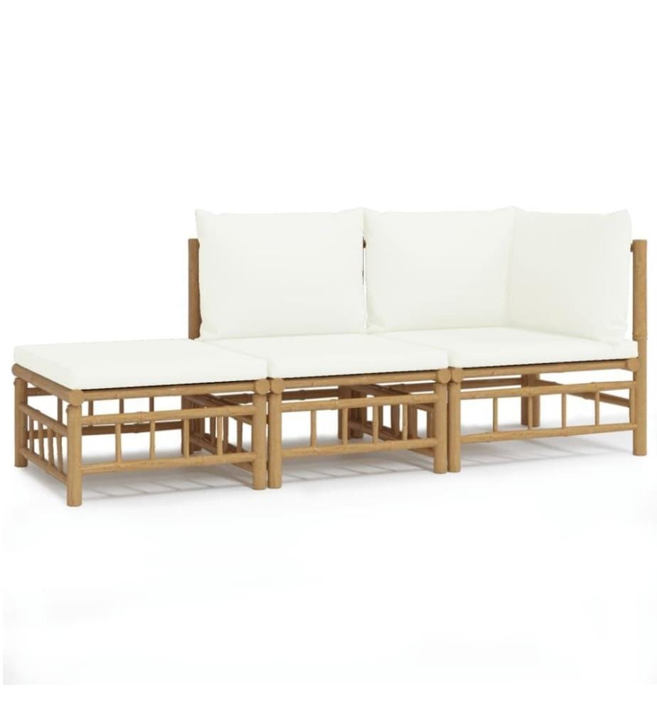 3-tlg. Garten-Lounge-Set mit Kissen Creme Bambus