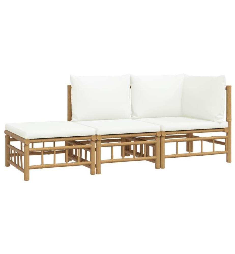 3-tlg. Garten-Lounge-Set mit Kissen Creme Bambus