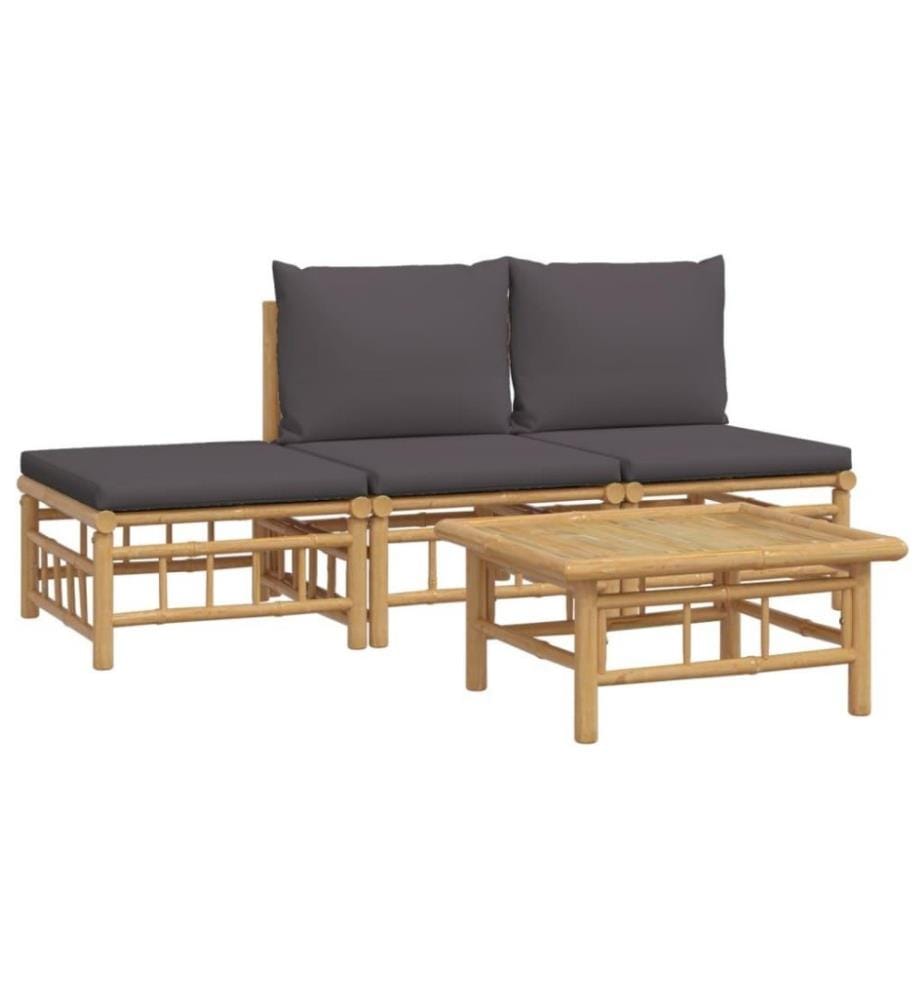 Salon de jardin 4 pcs avec coussins gris foncé bambou