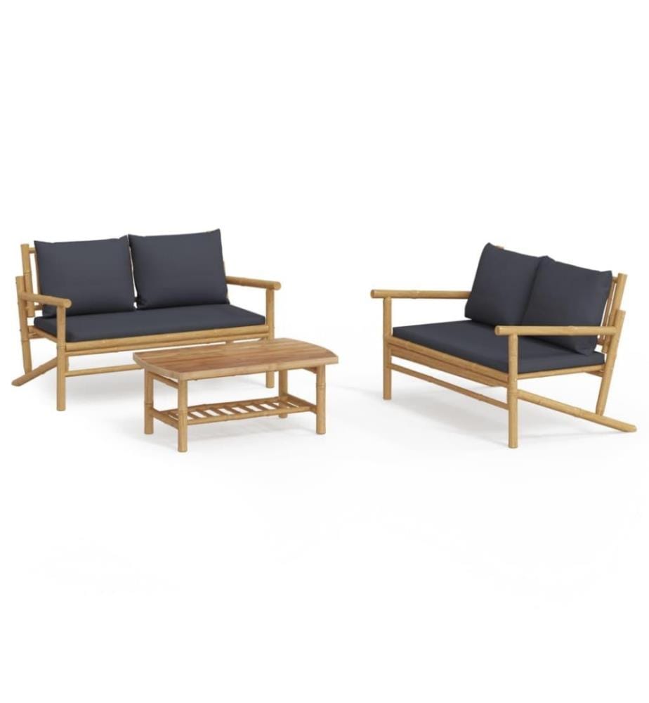 3-tlg. Garten-Lounge-Set mit Dunkelgrauen Kissen Bambus