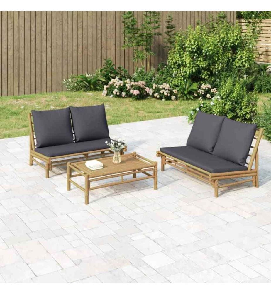 3-tlg. Garten-Lounge-Set mit Dunkelgrauen Kissen Bambus