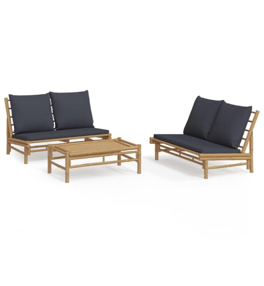 3-tlg. Garten-Lounge-Set mit Dunkelgrauen Kissen Bambus