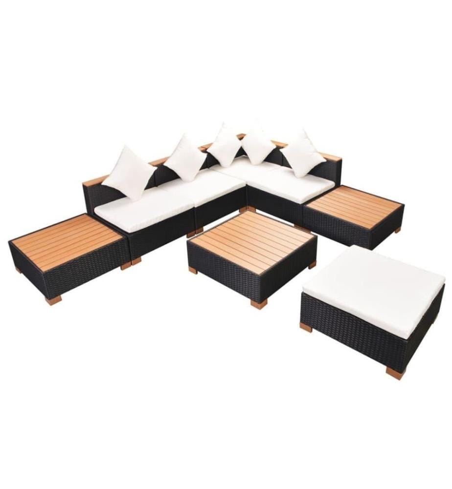 Salon de jardin 8 pcs avec coussins Résine tressée Noir