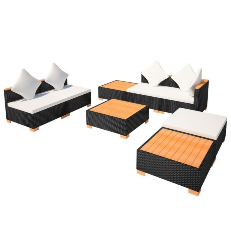 Salon de jardin 8 pcs avec coussins Résine tressée Noir