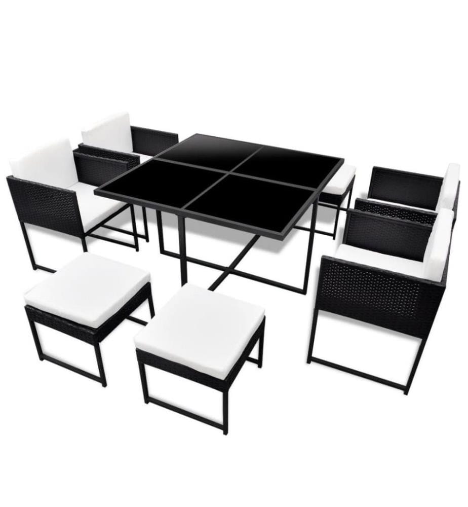 Salon de jardin 9 pcs avec coussins Résine tressée Noir