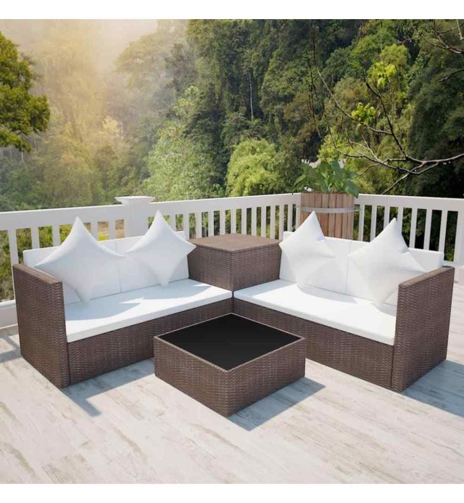 4-tlg. Garten-Lounge-Set mit Auflagen Poly Rattan Braun