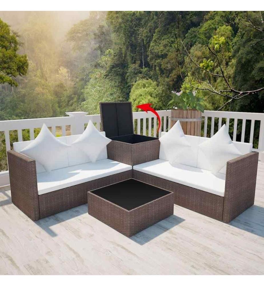4-tlg. Garten-Lounge-Set mit Auflagen Poly Rattan Braun