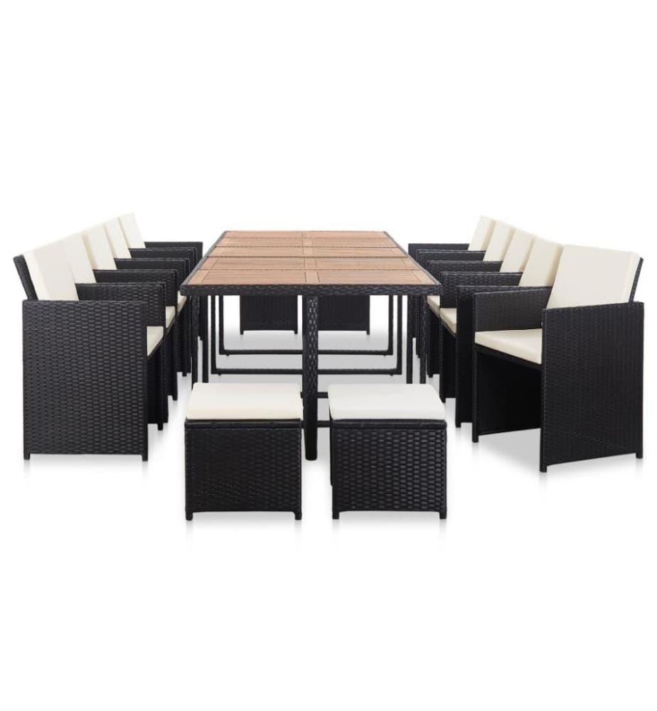 Salon de jardin 15 pcs avec coussins Résine tressée Noir