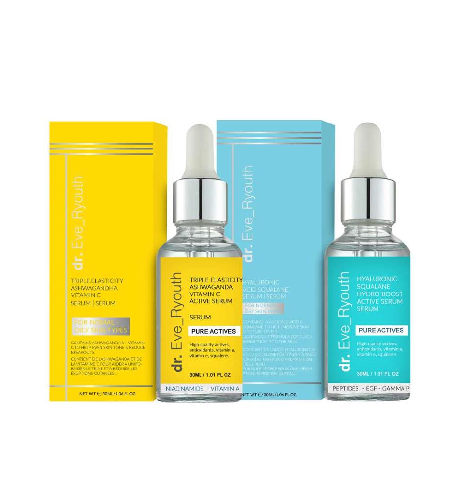 Acide hyaluronique Squalane Sérum actif Hydro Boost + Triple Elasticité Ashwaganda Vitamine C Sérum actif puissant - 2 x 30 ml