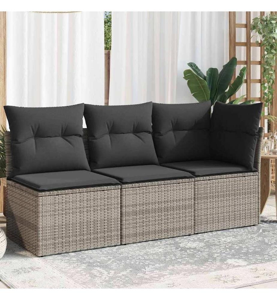 Canapé de jardin avec coussins 3 places gris résine tressée