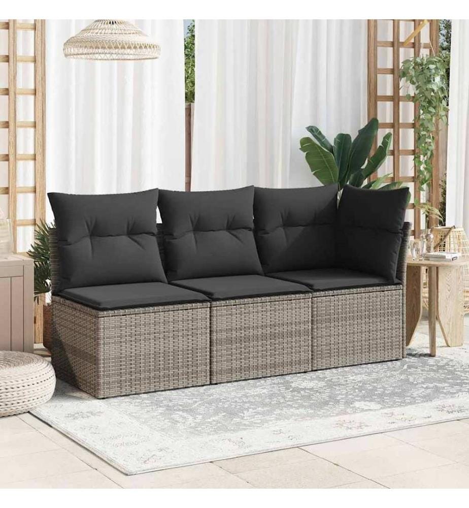 Canapé de jardin avec coussins 3 places gris résine tressée