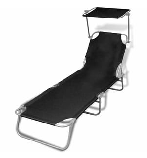 Chaise longue pliable avec auvent acier et tissu noir