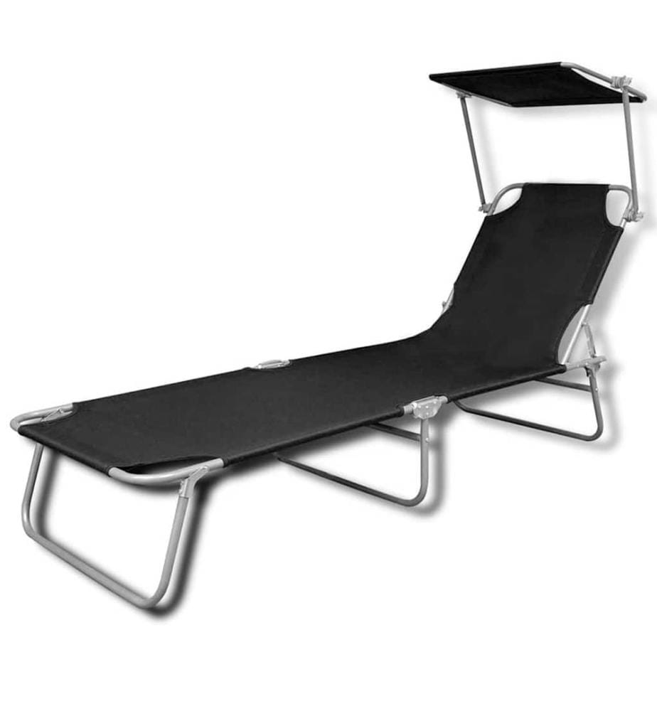 Chaise longue pliable avec auvent acier et tissu noir
