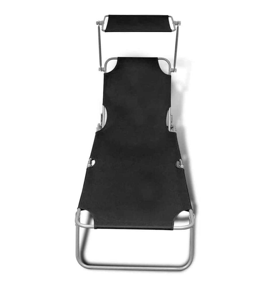 Chaise longue pliable avec auvent acier et tissu noir