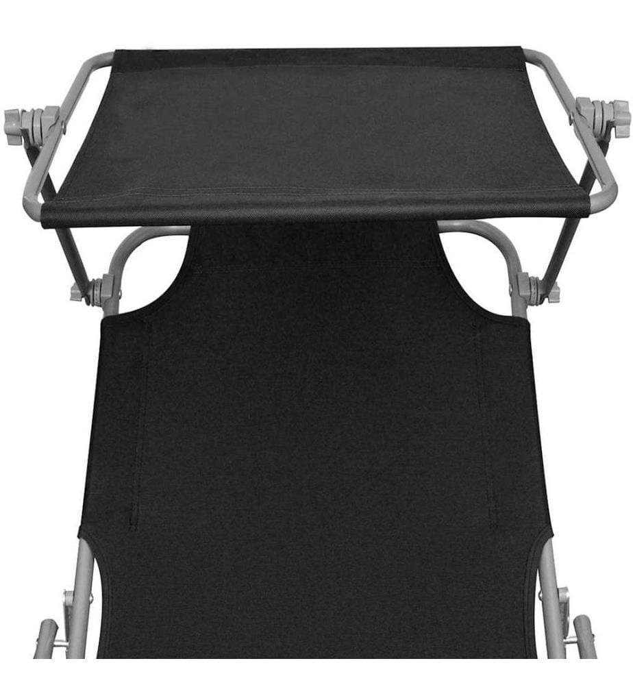 Chaise longue pliable avec auvent acier et tissu noir