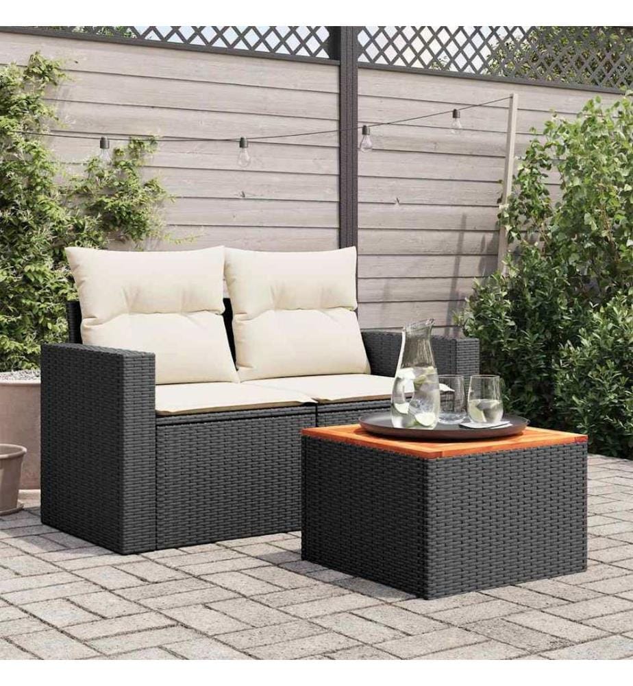 Table de jardin noire 55 x 55 x 37 cm en résine tressée et bois d'acacia