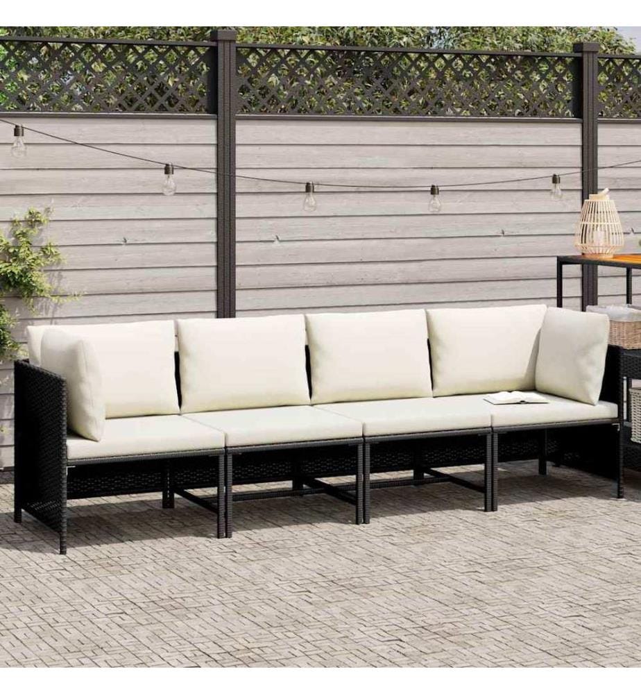 Canapé de jardin à 4 places avec coussins Noir Résine tressée