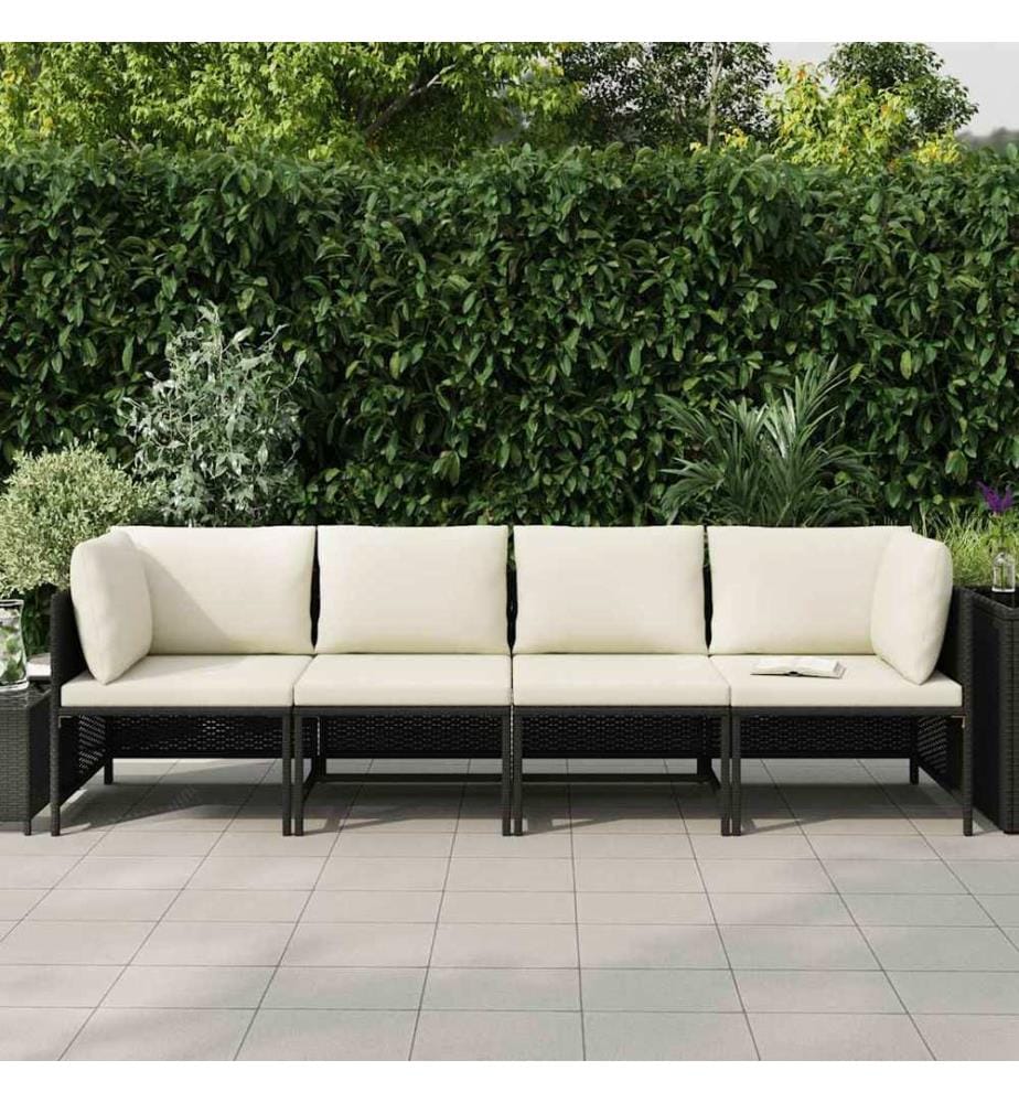Canapé de jardin à 4 places avec coussins Noir Résine tressée
