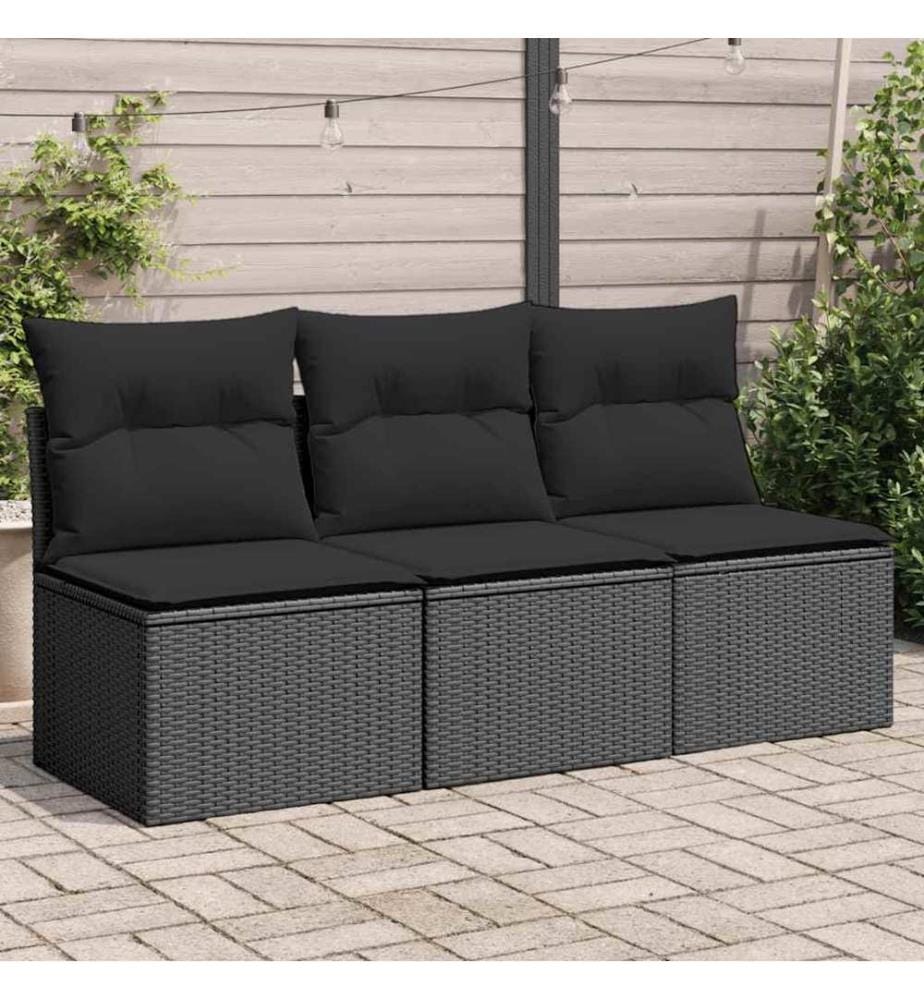 Gartensofa mit Kissen 3-Sitzer Schwarz Poly Rattan